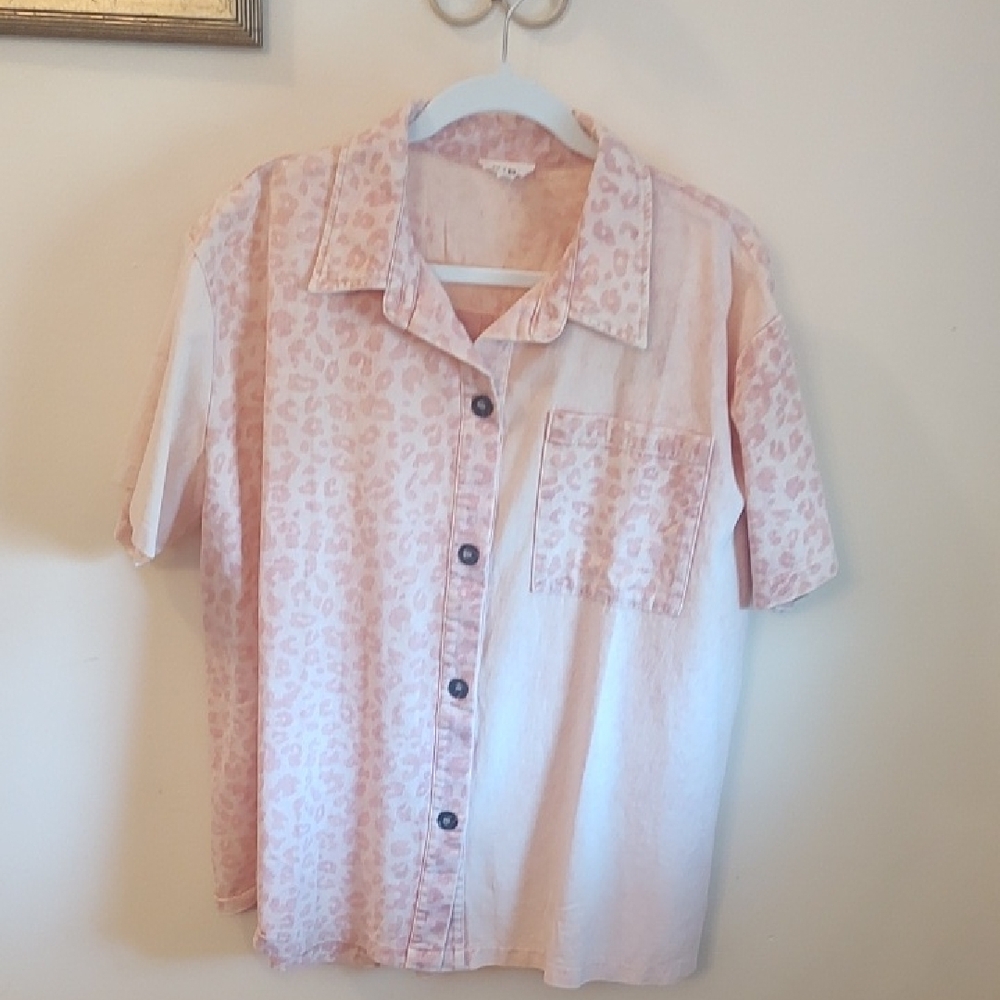 BiBi Pastel Peach Short Sleeve Button-Up with Subtle Animal Print